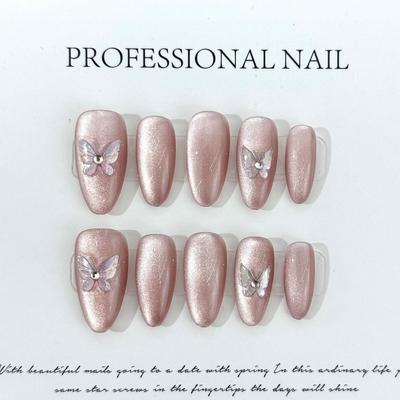 HANDGEMACHTE künstliche Mandelnägel, Eiskristall, Schmetterling, klares Katzenauge, Rouge, Phototherapie-Nägel, künstliche Nägel, wiederverwendbare und abnehmbare Nägel