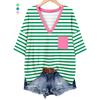 Women's V Neck Half Sleeve Striped T-Shirt Loose Fit Casual Tee With Pocket