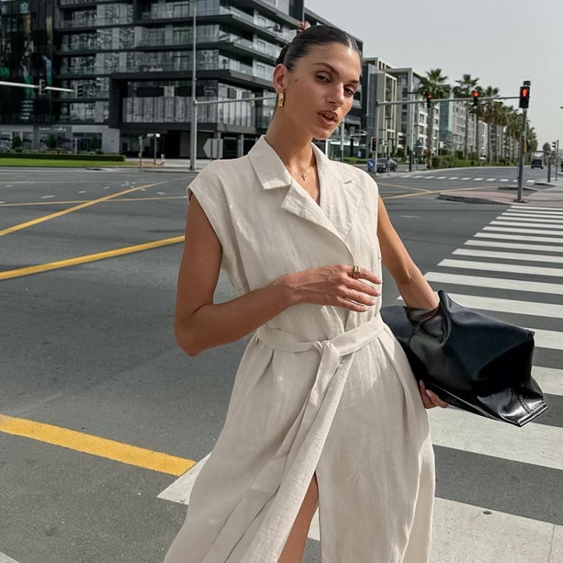 LYRIA French Style Suit Collar Belt Office Dress Fashion New Long Dress