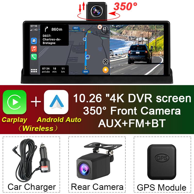 10.26"  Car DVR 4K Camera Wireless Carplay Android Auto Ai Screen Dashboard Dash Cam Dual Len GPS Navigation Video Recorder AUX