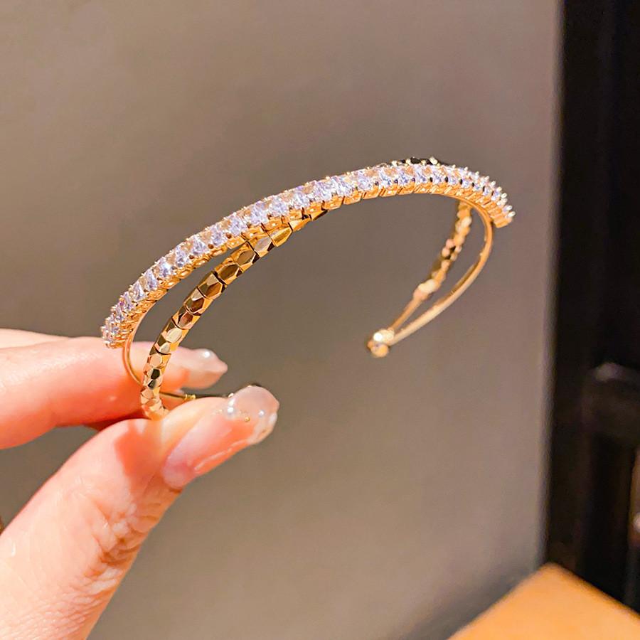 Geometric Zircon Metal Open Cuff Bracelet With Sparkling Stones For Women Fashion Jewelry Gold Bracelet