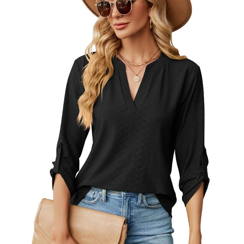 Damen Unifarben V-Ausschnitt Dreiviertelarm Locker Lässig T-Shirt Top