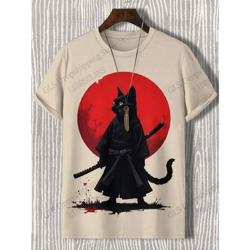 Novas Camisetas com Estampa 3D de Gato Samurai Japonês para Homens Mulheres Camiseta Casual de Manga Curta Top Harajuku Roupa Streetwear