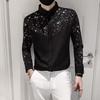 Men Shirt Sequin Star Color Matching Long Sleeve Single Breasted Patchwork Slim Fit Cardigan Turn Down Collar Soft Breathable Mid Length Men Top