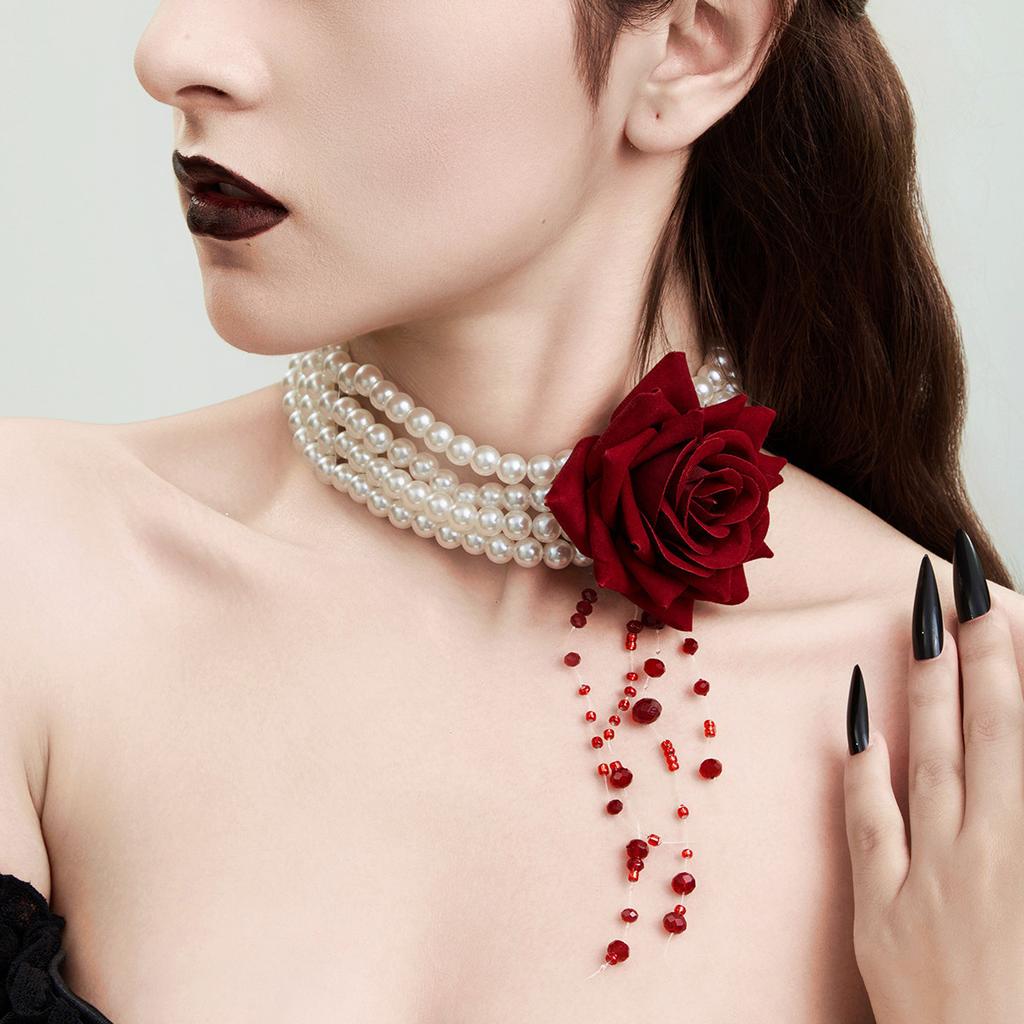 Halloween Dark Blood Pearl Beaded Necklace Female Creative Rose Flower Multi-Layer Fringed Neck Chain