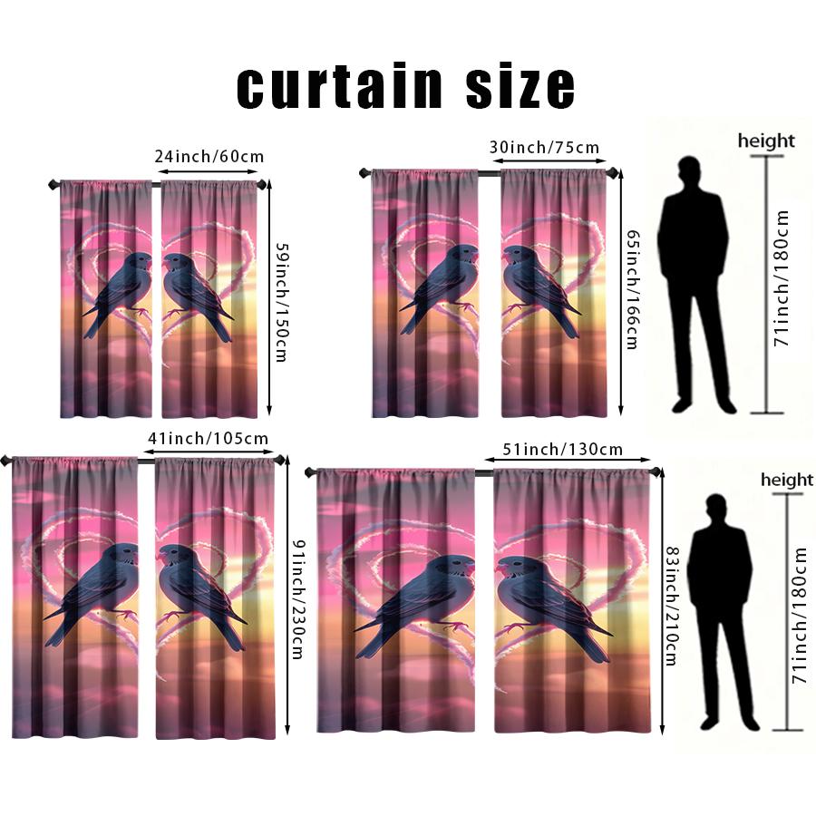 2PCS Pink Sunset Blue Sparrow Love Curtains   Sunset Romantic Valentine's Day Style   Bedroom Living Room   Pull up Pocket Style