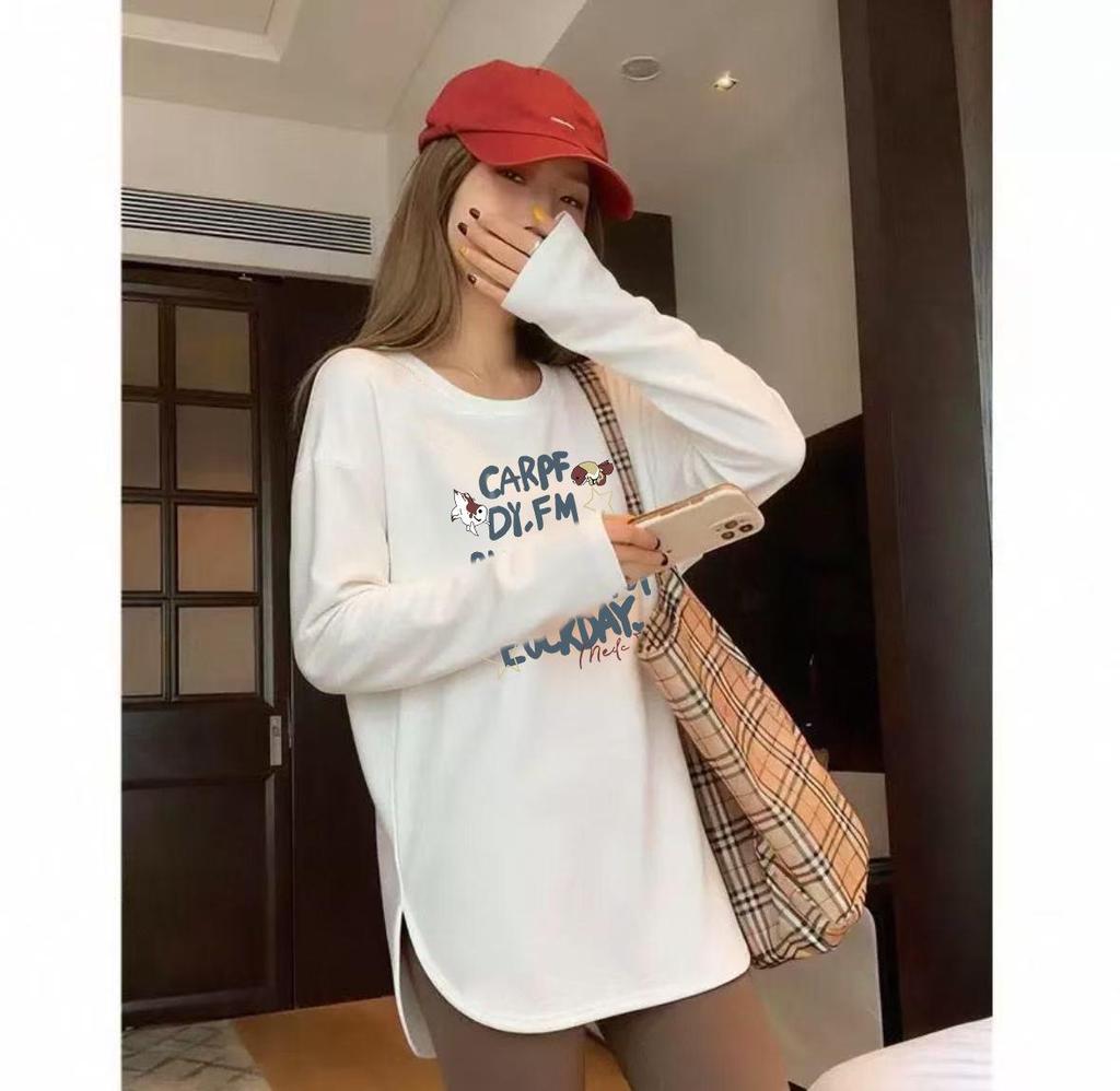 Women's Mid-Length White Thermal Fleece Base Layer Shirt - Long Sleeve, High-End Feel, Autumn/Winter, Printed Design, Buttocks-Covering.