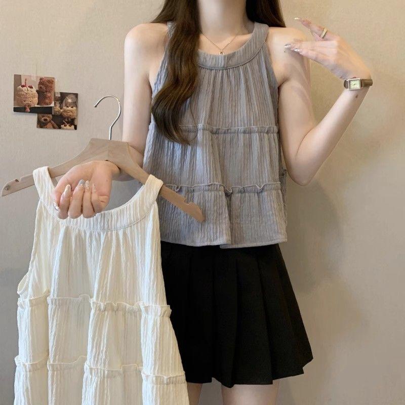 Summer Sexy Tank Tops Sleeveless Tops French Korean Clothes Solid Hanging Neck Top Casual Shirt for Women Elegant