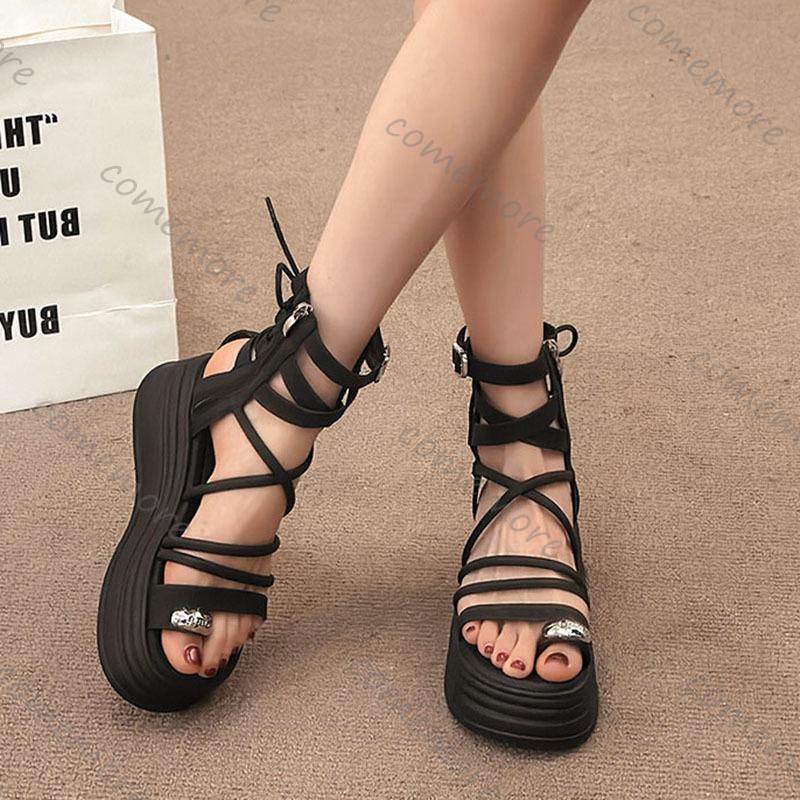 Fashion Comemore New Round Head Set Toe Women's Shoes Thick Soled Roman Sandals Tide Hollow Cold Strap Sports Beach Boots for Women