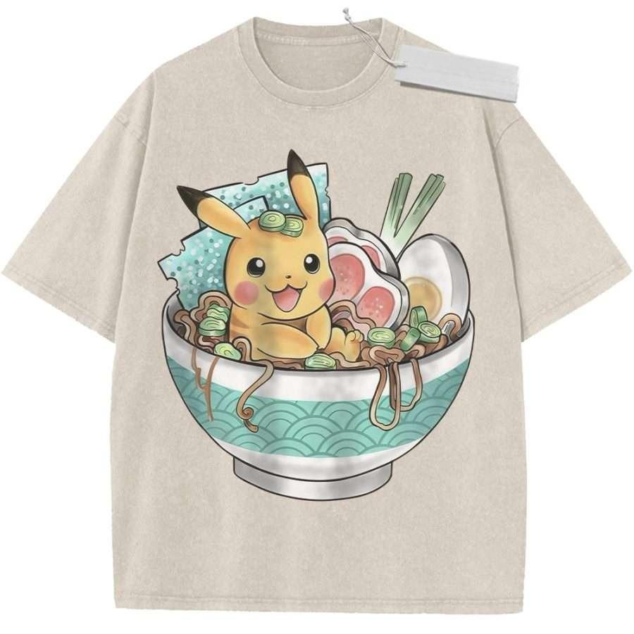 

Mens Vintage Washed Pikachu Ramen TShirt Oversized Anime Graphic Streetwear Tee Casual Daily Campus Home Outfit M