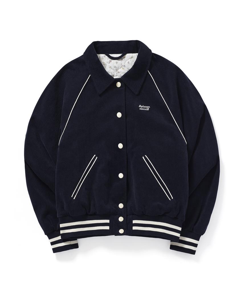 Between A And B Floral Quilted Corduroy Varsity Jacket [Navy]