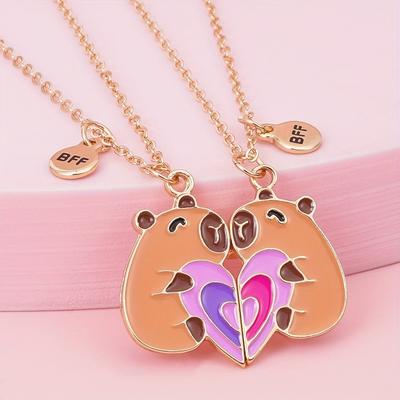 Lovecryst 2Pcs/set Cute Kapibala Heart-shaped Stitching Best Friend Necklace for Girls Fashion Friendship Gifts