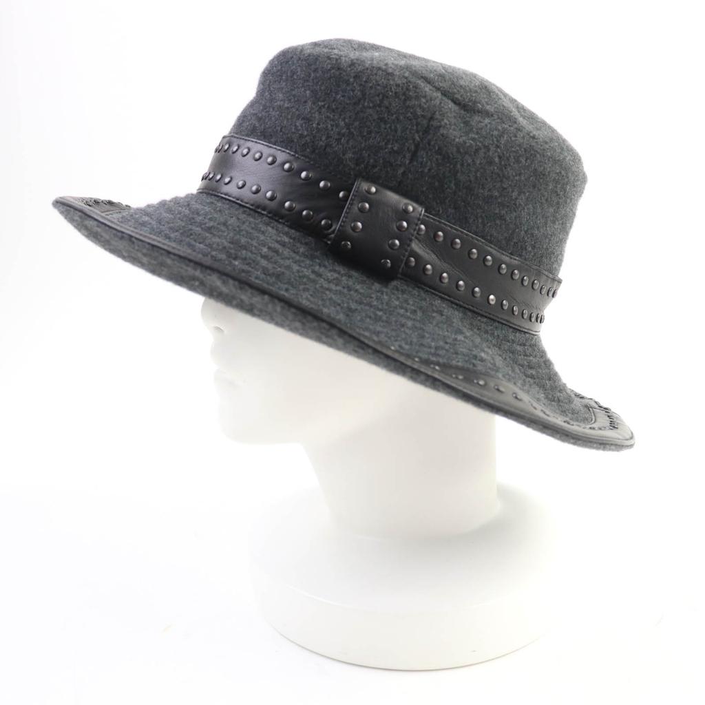 Excellent HERMES hat Leather trim with studs Gray black cashmere Women 57 Used