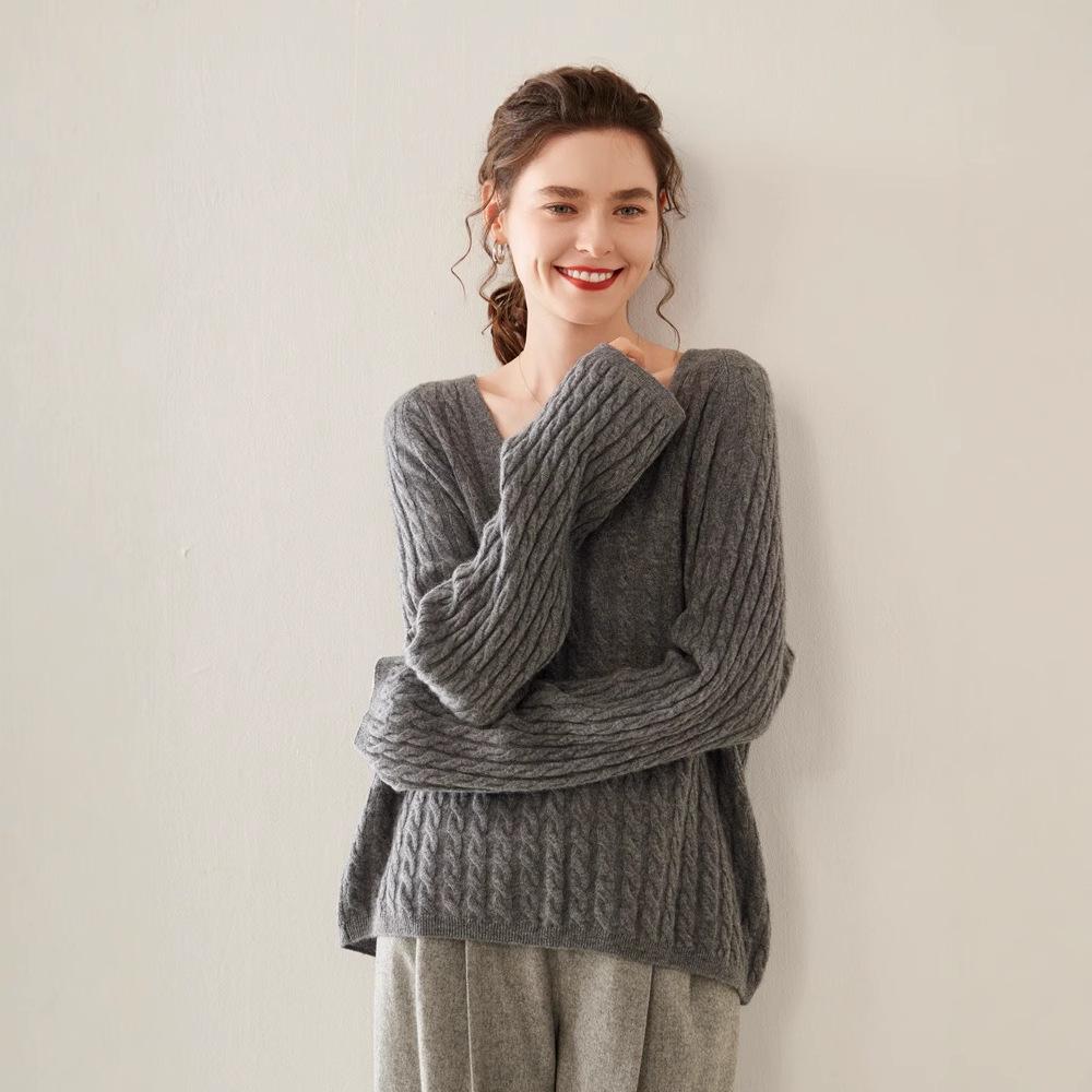 Women's Cashmere V-Neck Sweater - Autumn/Winter Knit, Loose-Fit, Slimming Korean Style Fashion