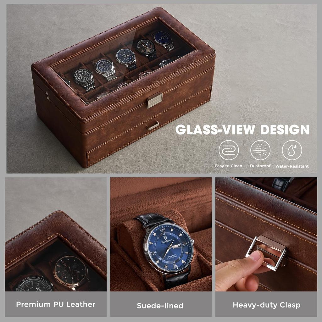 ProCase Watch Holds 12 Large Transparent Storage Jewelry with Glass Lid for Display Case, Watches, Capacity, 2-Tier, Top, Multi-Function Box,