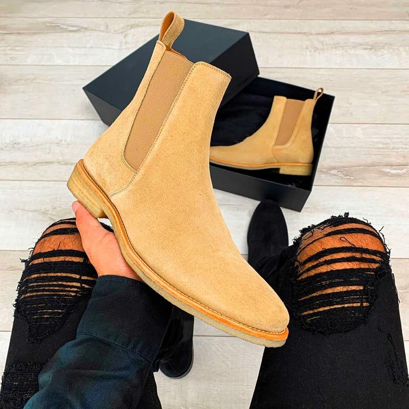 Fashion Chelsea Boots Men Handmade Business Black Red Slip On Flock Pu Cowboy Boots Sapato Masculino  Men Boots