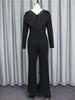 Svart Elegant Jumpsuit V-Hals Pärlbroderi Patchwork Tofs Lång Ärm Slim Fit Kontorskläder Fest Dam En Del Romper Outfit