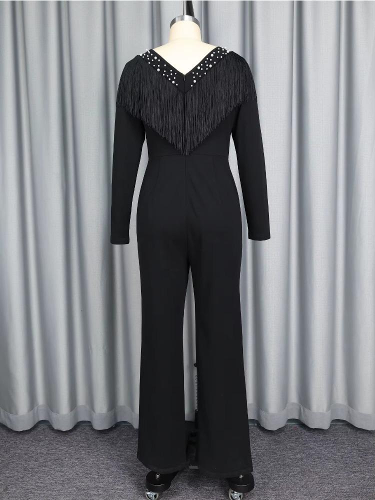 Svart Elegant Jumpsuit V-Hals Pärlbroderi Patchwork Tofs Lång Ärm Slim Fit Kontorskläder Fest Dam En Del Romper Outfit