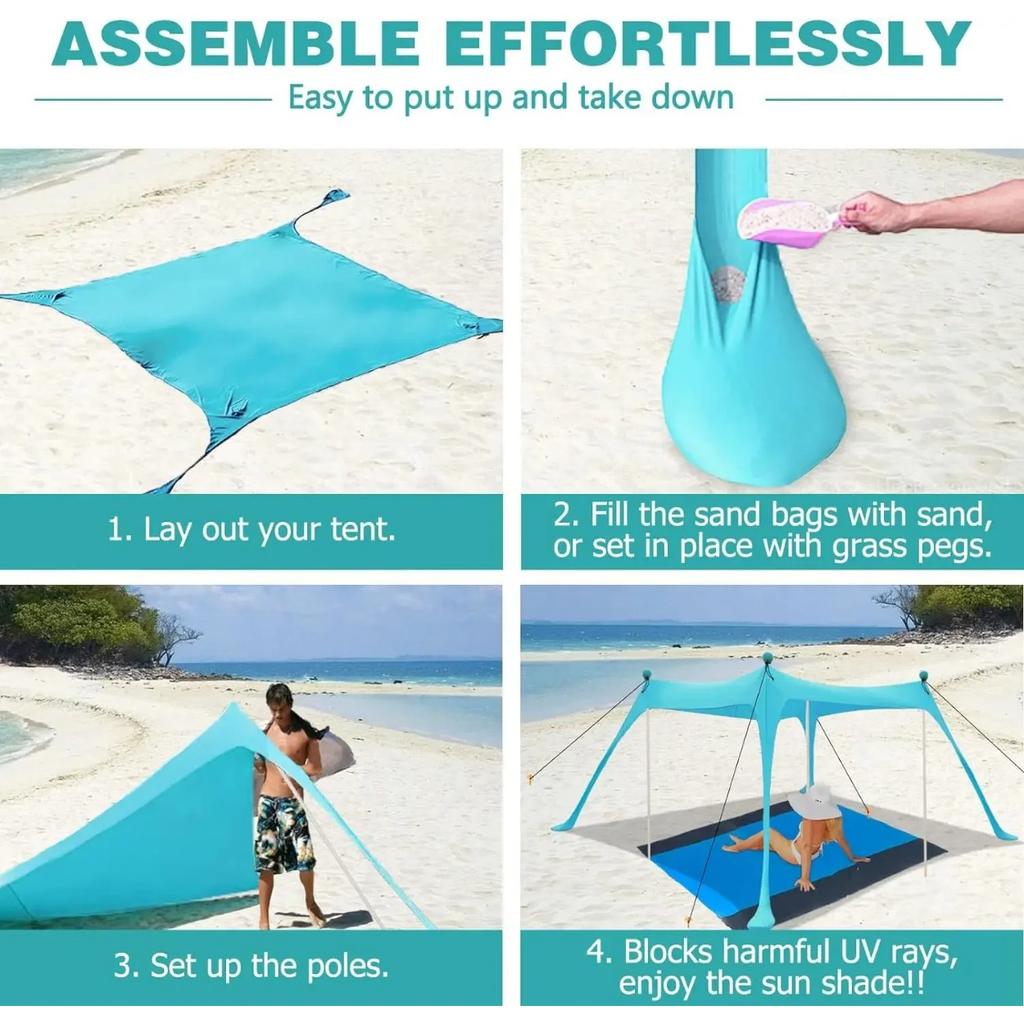Outdoor Beach Sun Shade Portable UV Protection Family Camping Beach Tent Canopy with Storage Bag for Beach Camping Party Picnic