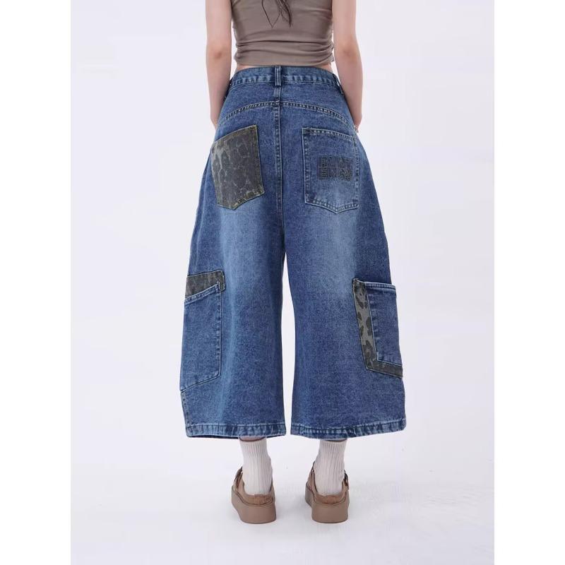 Vintage Leopard Print Splicing Pocket Scimitar Jeans Men's and Women's Trend Hip-hop Loose Wide-leg Tooling Cropped Pants
