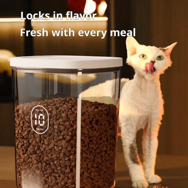 Vacuum Pet Food Storage Container with Top Lid Control, Clear PET Body and Multiple Latches for Controlled Dry Food Storage Between Feedings