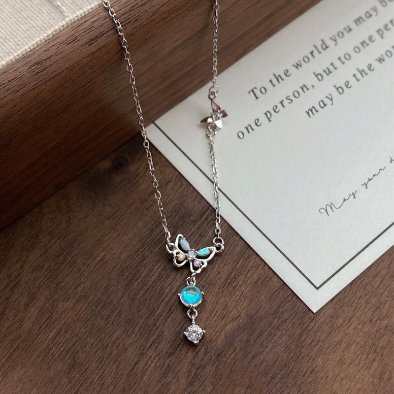 S999 Sterling Silver Butterfly Tassel Necklace with Colorful Diamonds & Moonstone, High-End Design for Women.