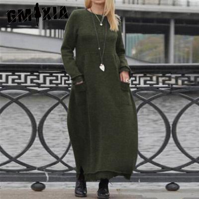 Autumn and Winter Women's Loose Large Size Knitted Lace Long Dress Padded Sweatshirt Casual Dresses