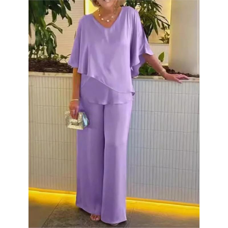 Summer Solid Color Round Neck Short Sleeve Women Suit Casual Loose Irregular Top Elegant Female Jumpsuits Office 2piece Set