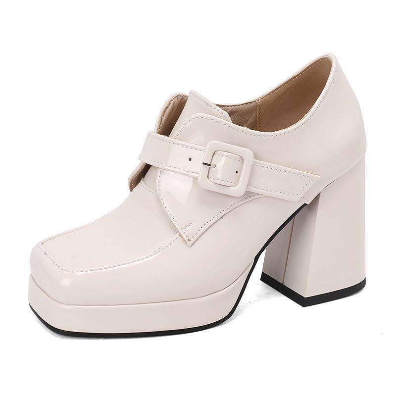 

Ladies Pumps Square Toe Block Heels 9.5cm Platform 2cm Belt Buckle Plus Size 47 48 Fashion Dating Party Women Shoes 39 бежевый