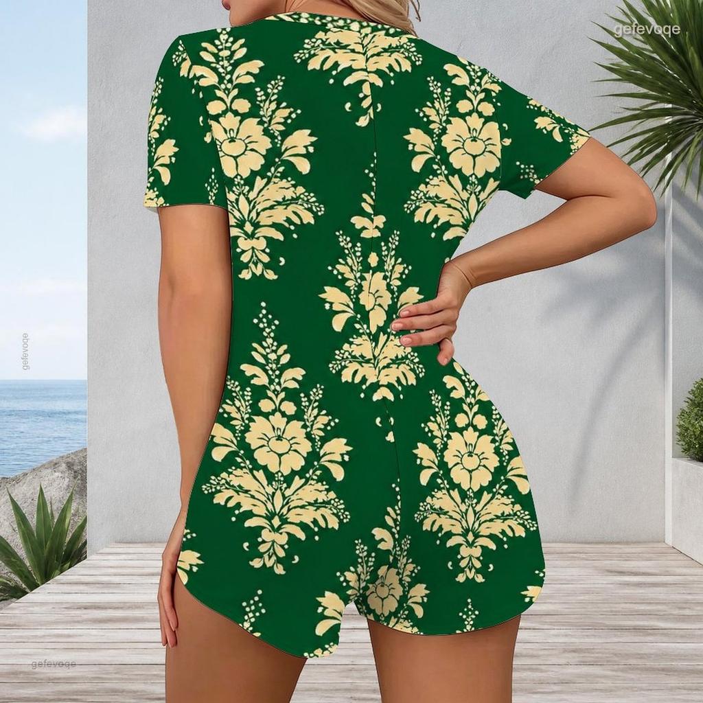 Women Plus Size Paisley Floral Printed V Neck Short Sleeve Button Front Fitted Short Romper