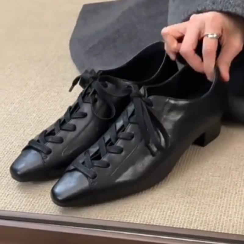Fashion Black British Style Leather Shoes Women Retro Lace Up Mid Heel Pumps Comfortable Elegant Commuter Office Shoes Zapatos De Mujer