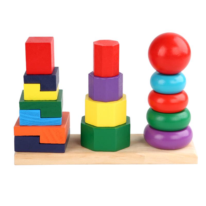 Wooden Geometric Rainbow Stacking Tower - Montessori Educational Blocks for Early Learning