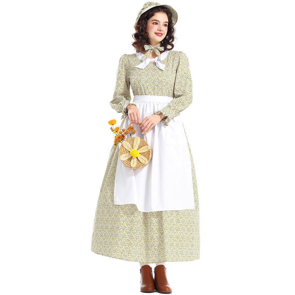 Prairie Colony Geel Bloemig Pionierskostuum Jurk met Schort voor Halloween