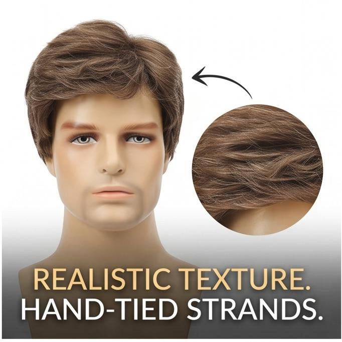 Men's Short Fluffy Curly Wig, Heat Resistant Synthetic Hair, Rose Net Cap, Natural Looking for Daily & Party Occasions