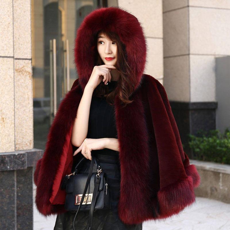 

Coat women s new winter imitation fur shawl cape short imitation fox hair thickened hooded trench coat Hooded shawl cape бордовий