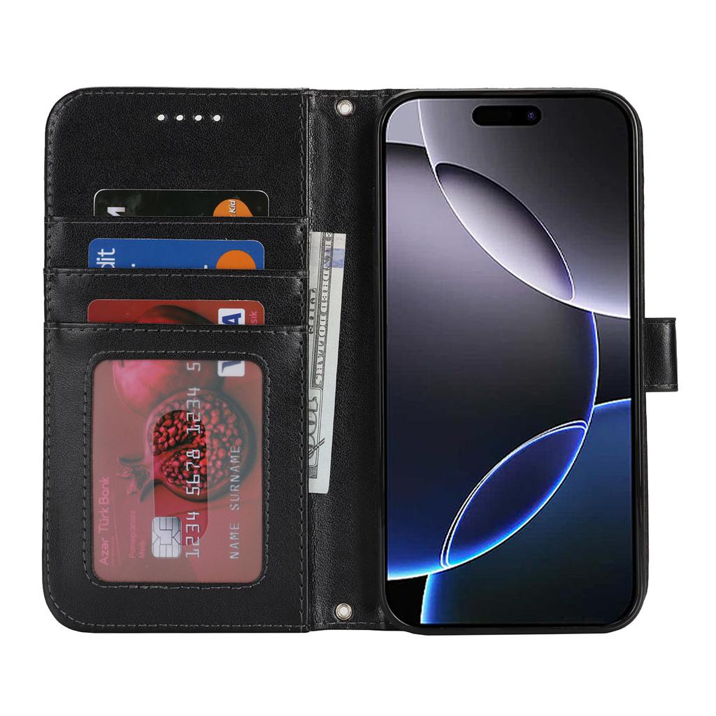 For iPhone 16 Pro Stand Case Textured Leather Wallet Phone Cover with Strap
