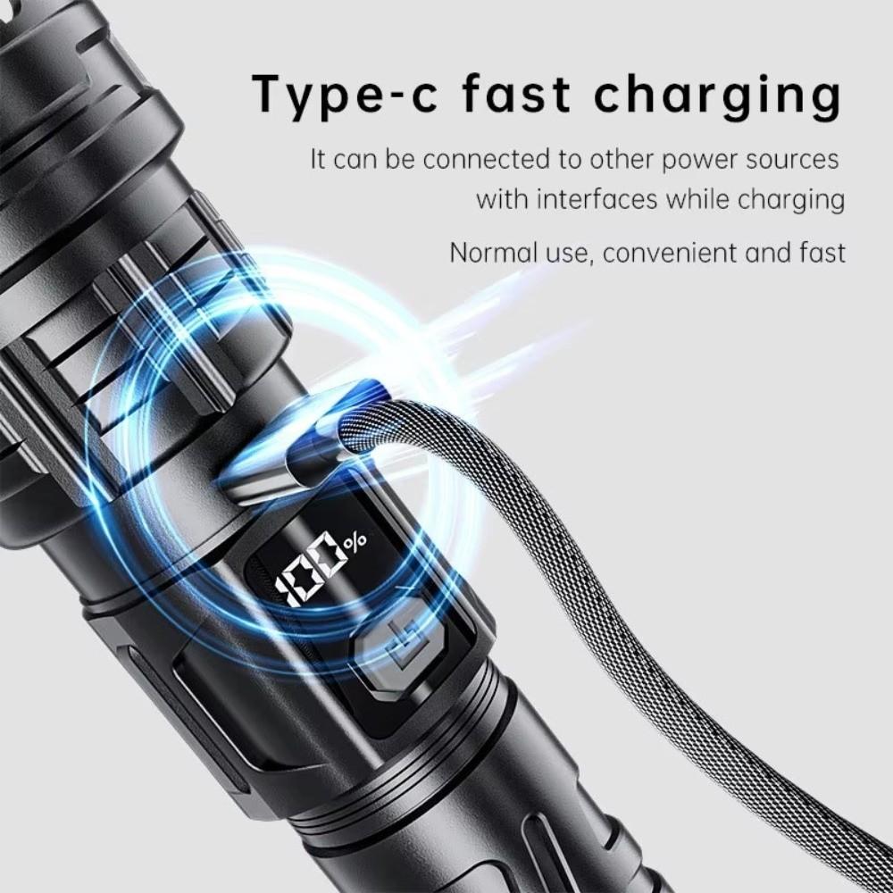 Rechargeable Super Bright LED Flashlight Portable Telescopic Sliding Zoom Outdoor Strong Light Flashlight Digital Display