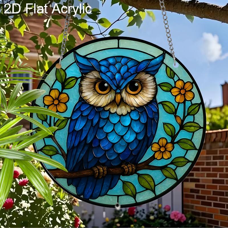 Acrylic Blue Owl with Yellow Flowers Suncatcher, Stained Glass Effect Window Hanging Ornament for Bird & Nature Lover Gifts