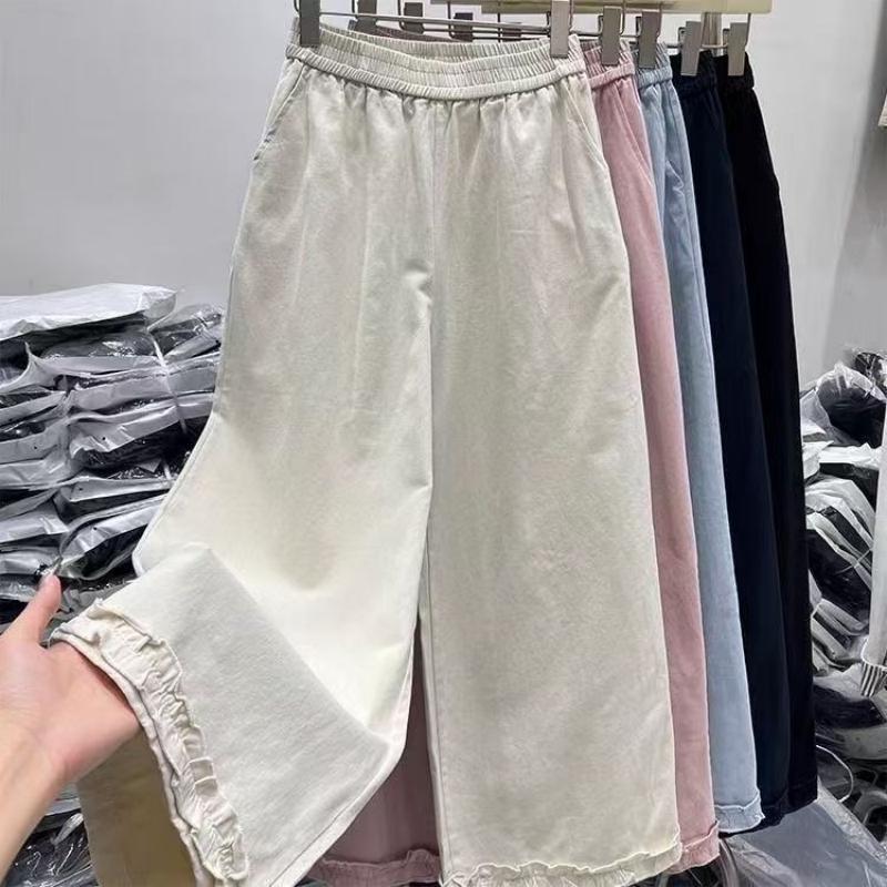 High Waist Korean Style Lace Trim Straight Leg Pants for Women - Summer Casual, Loose Fit, Versatile Cropped Design