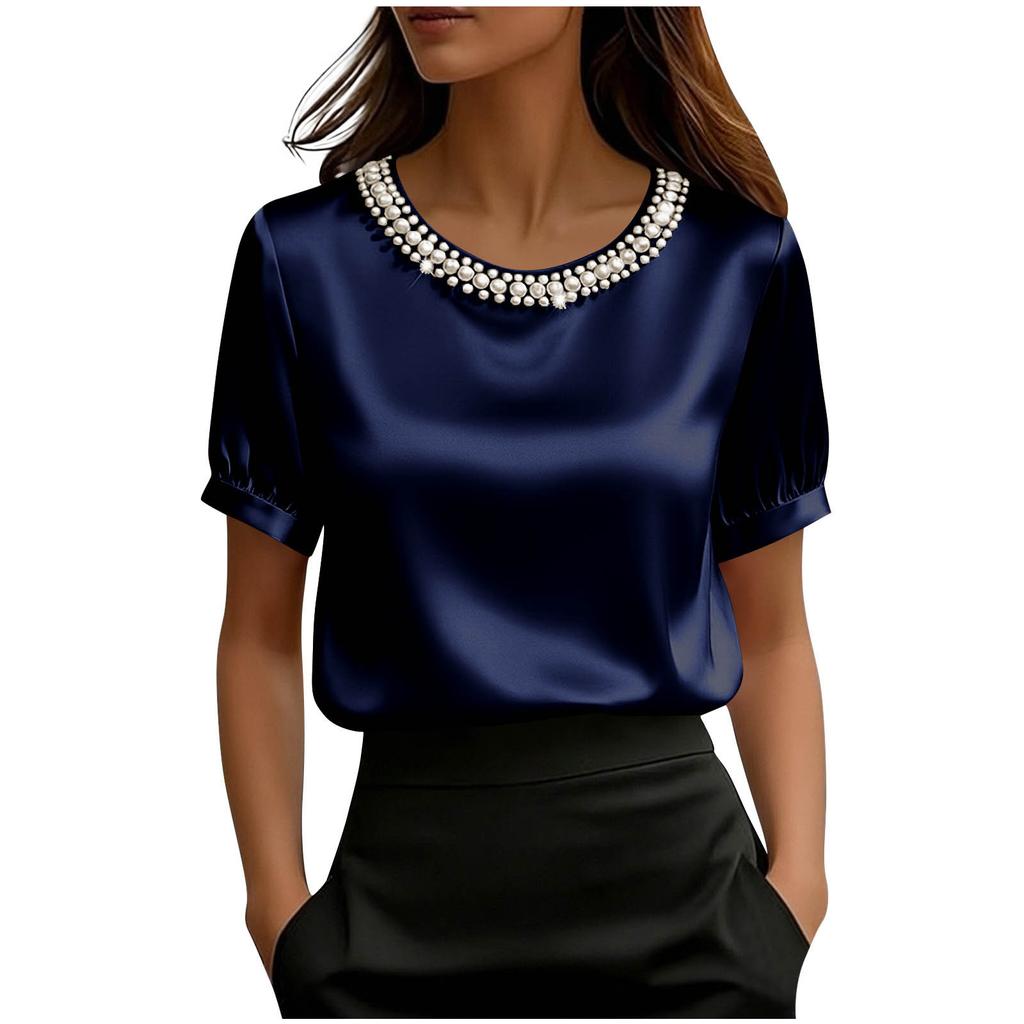 T-shirt da donna alla moda, vestibilità ampia, manica corta in raso, con colletto di perle