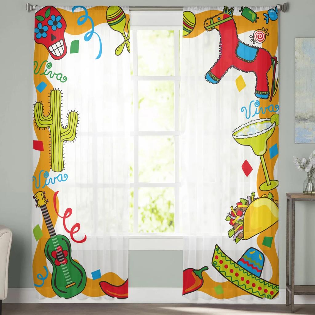 Mexican Cartoon Candy Luxury Tulle Curtains Modern Living Room Kitchen Chiffon Curtain Bedroom Sheer Valance Curtain