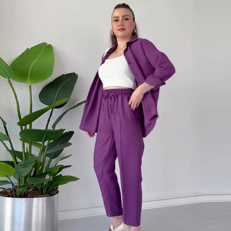 Conjunto Feminino Casual de Outono 2024 de Jaqueta Camisa de Cor Sólida e Calças Compridas