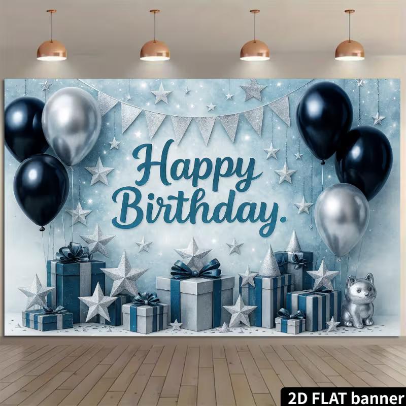 2D Modern Blue Silver Black Happy Birthday Party Background