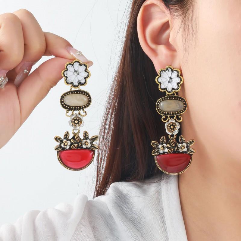 Layered Floral Drop Earrings Women Gold Bohemian Style Zinc Alloy Stainless Steel Studs