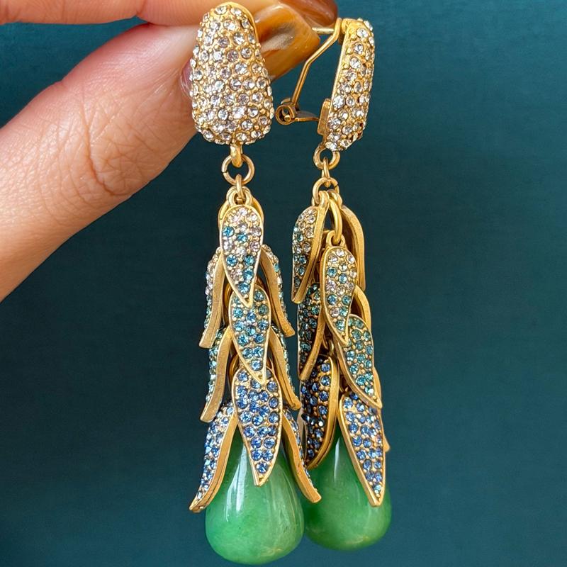 Vintage Drop Green Earrings Jade Rhinestones Leaf Dangle Jewelry Luxury Designer Wedding Woman Antique Gold Accessories