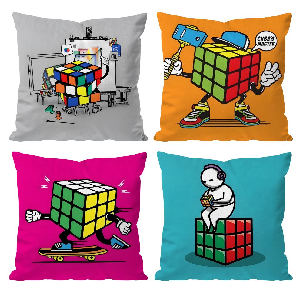 cartoon style Rubik's cube Cute Cushion Cover Pattern Printed Pillowcase for Living Room Sofa Cushion Cover & Bedroom Decor