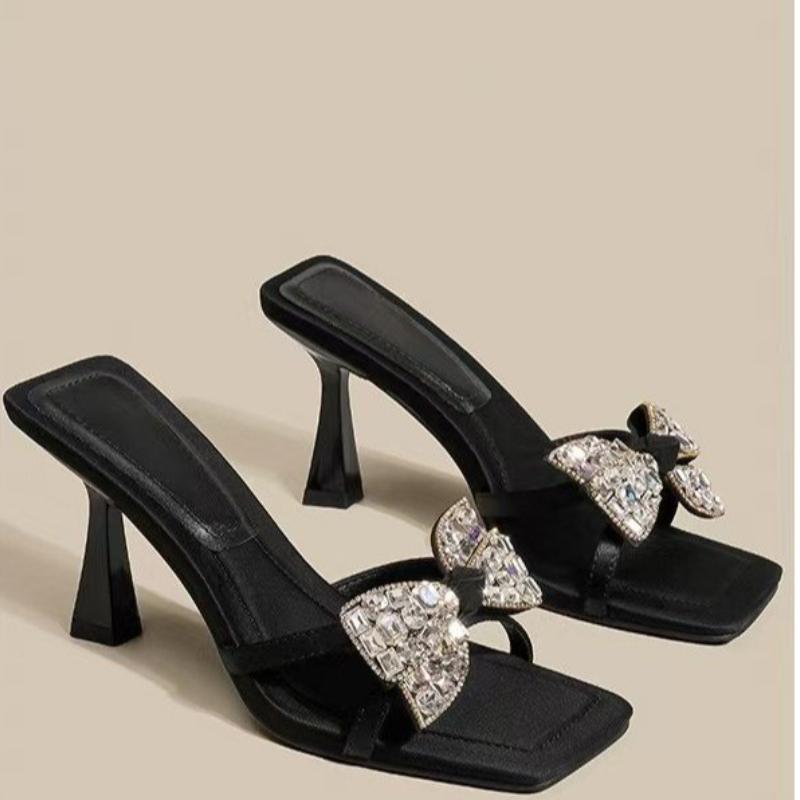 Fashion Summer New Stiletto Sandals Square Head Open Toe Sequin Butterfly Knot Thin Strap Anti-slip Wear-resistant High-heeled Slippers