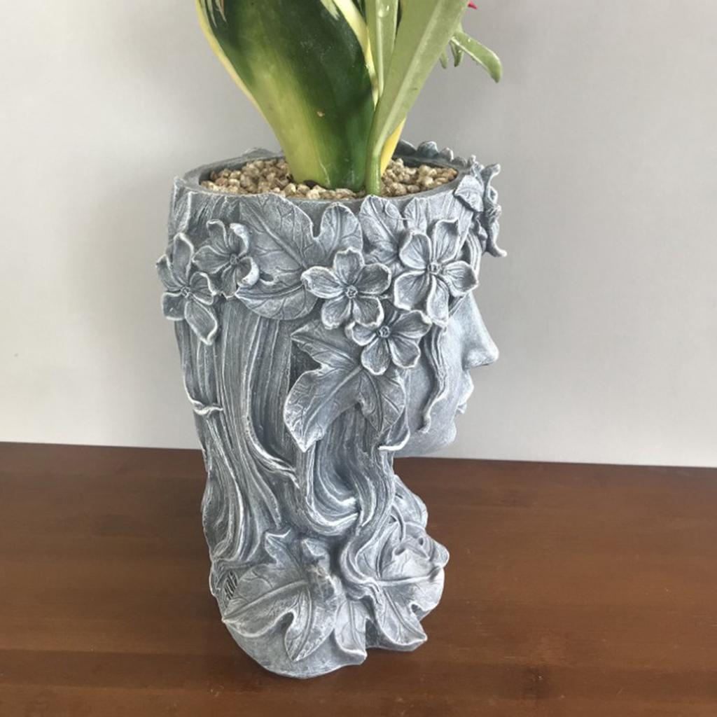 Face Sculpture Succulent Cactus Head Flowerpot Plant Pots Container Gray