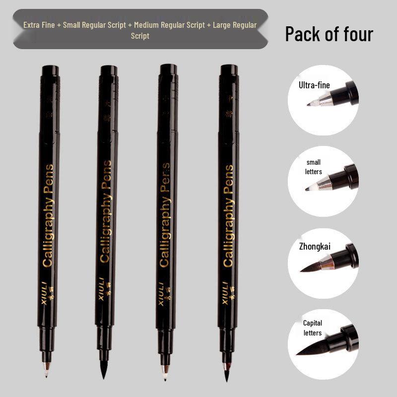 Versatile Calligraphy Pen Set: Refillable Soft Tips for Practice & Art - Includes Large, Medium, Small & Extra-Fine for Sutras, Painting & Outlining.