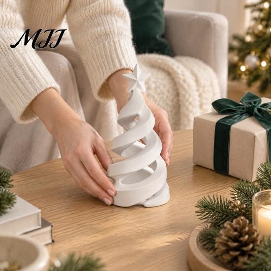 Festive PLA Plastic Art 3D Printed Christmas Tree Candle Holder, Spiral Small Shaped Compact Desktop Holiday Figurine Tealight Stand, Dining